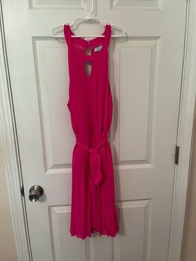 She + Sky Hot Pink Sleeveless Midi Dress with Waist Tie